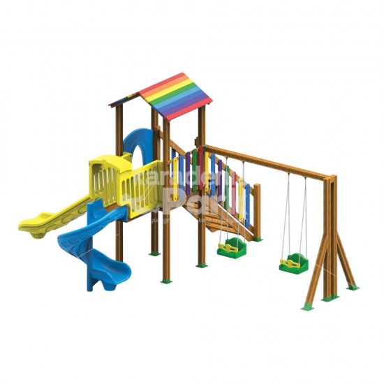 Çift Salıncaklı Çift Kaydıraklı Ahşap Seri Oyun Parkı