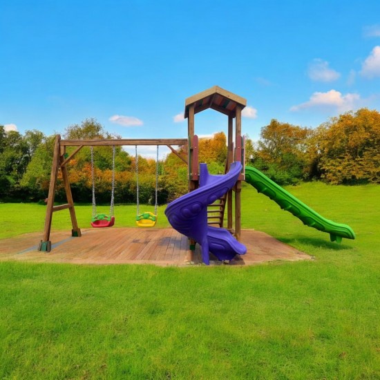 Çift Salıncaklı Çift Kaydıraklı Ahşap Seri Oyun Parkı