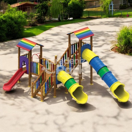 Üç Kaydıraklı İki Kuleli Ahşap Seri Oyun Parkı