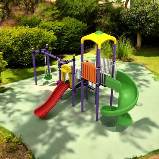 Tek Kuleli İki Kaydıraklı Çift Salıncaklı Metal Oyun Parkı